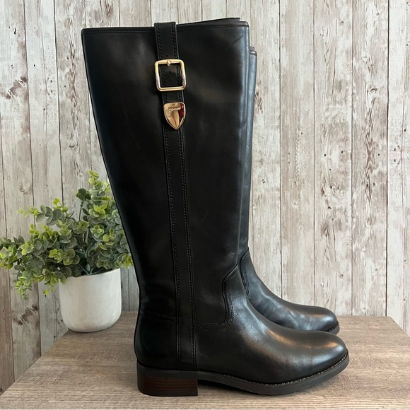 Coach Shoes - Coach Easton Tall Equestrian Black Leather Boots Gold Buckle Sophisticated 9
